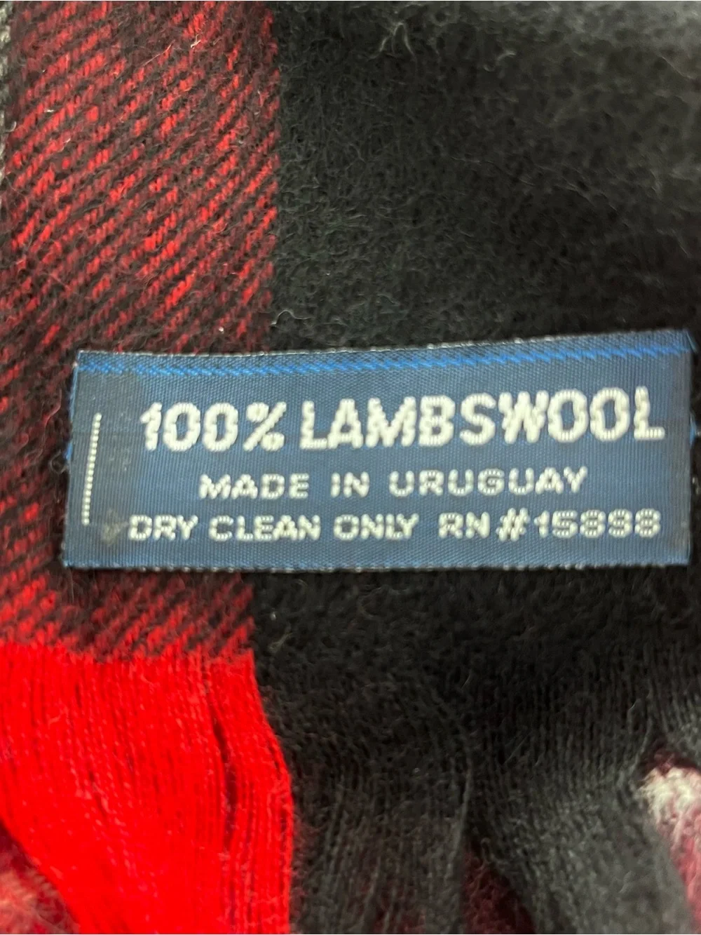 100% Lambswool Plaid Scarf Red, Black, Gray Fringe Made In Uruguay Unisex 51x12”
